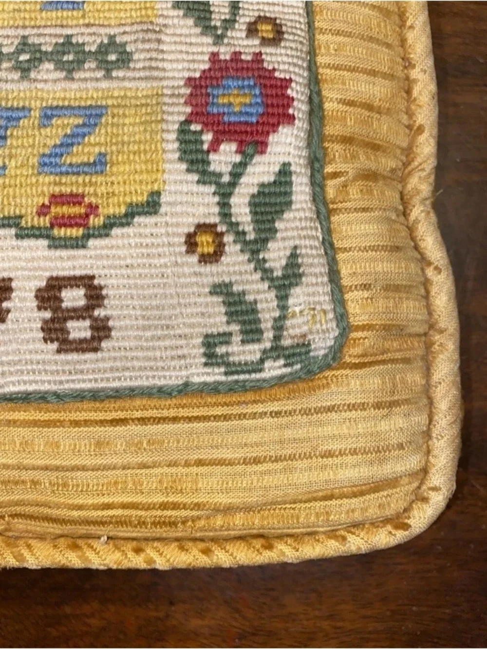 Vintage Embroidered Needlework Alphabet Sampler Pillow 12” x 12” -AA9